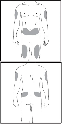Diagramma del corpo umano che mostra aree grigie per l'iniezione su braccia, addome, cosce e glutei sia in vista frontale che posteriore