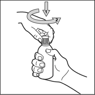 Due mani tengono un flacone mentre una freccia verticale e una curva con i numeri 1 e 2 indicano il movimento di apertura del tappo