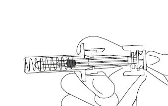 Dibujo técnico de una mano que sostiene un dispositivo médico en forma de jeringa con un resorte interno y un émbolo central