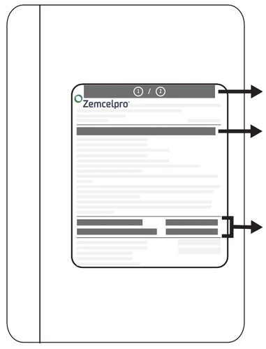 Schemat graficzny ulotki produktu Zemcelpro z czarnymi strzałkami wskazującymi różne sekcje tekstu i nagłówki na białym tle