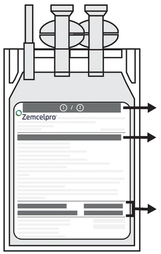 Diagram techniczny worka do infuzji z etykietą Zemcelpro, górnymi zaworami i trzema czarnymi strzałkami wskazującymi boczne punkty dostępu