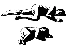 Stylized black and white drawing of a child lying on their side and a newborn in prone position on a white background