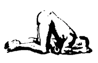Stylized black and white drawing of a naked person kneeling with the torso bent forward and head lowered toward the ground