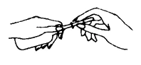 Two hands gently holding and separating a small cylindrical object or a component of a medical device using a pinch grip