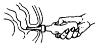 Black and white drawing showing a hand holding a medical device to apply it to the skin, with wavy lines indicating the emission of energy or substance