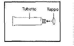 Schema tecnico che mostra un tubetto orizzontale con un tappo separato indicato da una freccia che punta verso l'estremità del tubetto