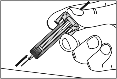 Two hands holding a syringe with the needle pointing downward, with black arrows indicating the direction of downward movement