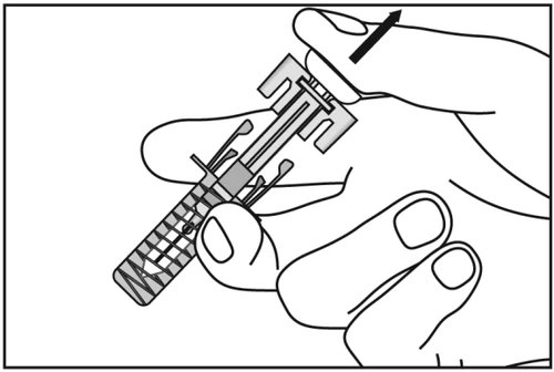 Two hands holding a cylindrical medical device with a black arrow indicating the removal of a top cap