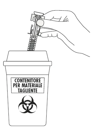 A hand inserting a medical device into a sharps container with a biohazard symbol