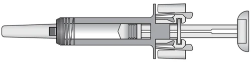 Technical cross-sectional diagram of a syringe with plunger, transparent cylindrical barrel, and a lateral activation mechanism for the