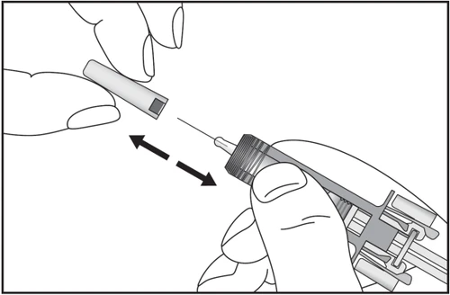 Two hands moving a syringe with a needle back and forth to attach a protective cap to the body of the medical device