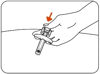 A hand pressing the upper button of a pen-shaped medical device, indicated by a downward orange arrow