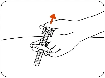 A hand holding a syringe-shaped medical device with an orange arrow pointing towards the