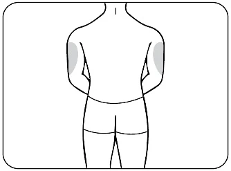 Schematic drawing of a man's back with two gray areas highlighted on the upper arms to indicate injection sites