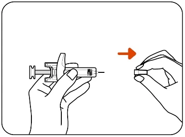 Line drawing of two hands separating a medical device with an orange arrow indicating movement to the right