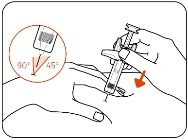 Technical drawing showing a hand inserting a needle into a finger, with an enlarged detail indicating the