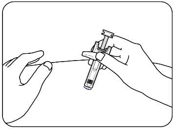 Line drawing of two hands holding an injection pen to administer medication onto the surface of the body skin in black and white