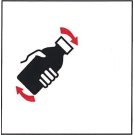 Black icon of a hand holding a tilted vial with two red curved arrows indicating a rotational or shaking motion