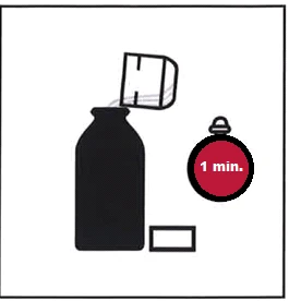 Black icon of a bottle with a lifted cap next to a red stopwatch showing '1 min' and a small empty rectangle at the bottom