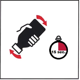 Black icon of a hand shaking a bottle between two red arrows, next to a stopwatch indicating 15 seconds
