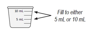 Diagram of a container with graduated markings indicating to fill up to the 5 ml or 10 ml level, shown with two directional arrows
