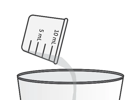 Stylized drawing of a graduated measuring cup with 5 ml and 10 ml markings pouring liquid into an underlying container or glass