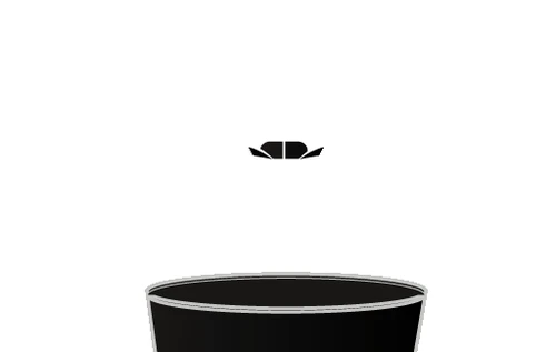 Stylized black and white drawing of a circular container with an open lid suspended above it on a white background