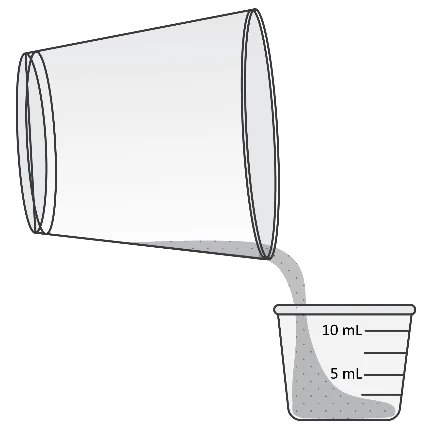 Stylized drawing of a tilted glass pouring gray liquid into a graduated container marked with 5 mL and 10 mL indicators