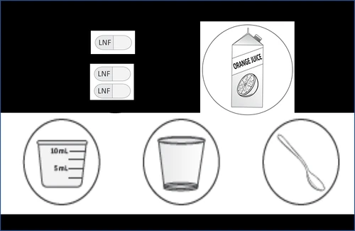 Three capsules labeled LNF, a carton of juice drink