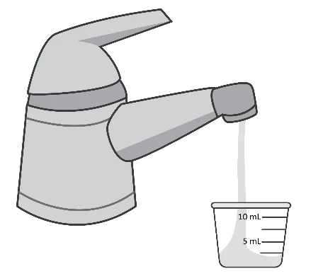 Illustration of a gray tap pouring liquid into a graduated glass marked with 5 mL and 10 mL indicators