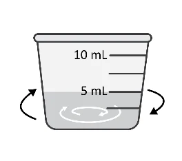 Drawing of a graduated container filled to 5 ml with curved arrows indicating circular rotational movement