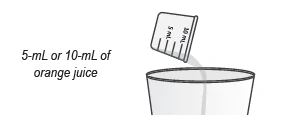 A graduated measuring cup pouring 5 or 10 ml of juice drink