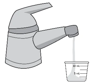 Water dispenser pouring liquid into a graduated glass marked with 5 mL and 10 mL indicators