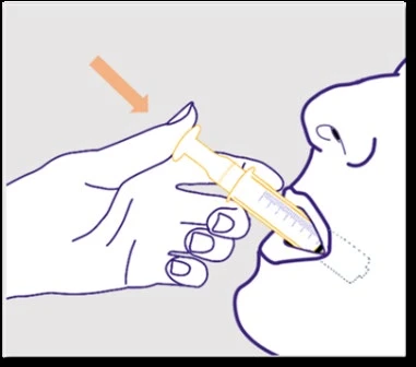Disegno lineare di una mano che tiene una siringa senza ago per somministrare il farmaco direttamente nella bocca di una persona