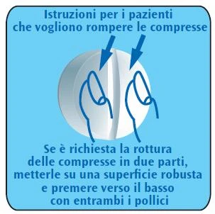 Diagramma su sfondo azzurro che mostra due mani che premono con i pollici una compressa bianca per romperla in due parti su una superficie rigida