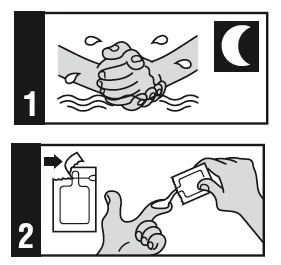 Two-step medical diagram: a hand squeezing an arm under a crescent moon, and a hand pouring contents from a sachet into a container