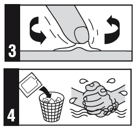 Two-step diagram: the third step shows a finger massaging an area with circular arrows, the fourth step shows disposal and handwashing