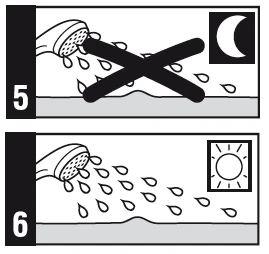 Two medical diagrams: the first with a moon and an X indicates not to shower at night, the second with a sun shows the