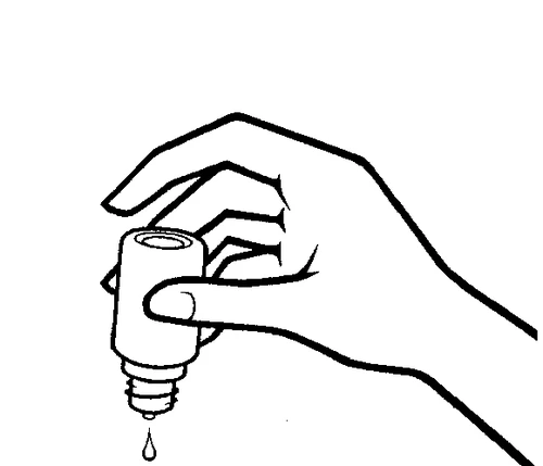 Black and white drawing of a hand holding an inverted vial from which a drop of liquid is emerging