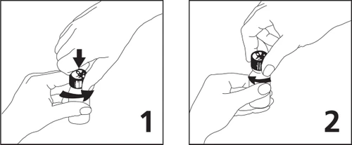 Two hands holding a medication vial, with arrows indicating the pressing motion of the cap in step 1 and the motion of unscrewing it in step 2