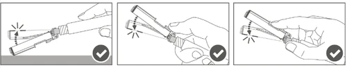 Three schematics showing hands operating an injector, with marked direction arrows and white checkmark symbols indicating successful medication administration