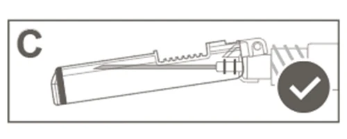 Schematic drawing showing a needle placed inside the housing of a medical device with a white checkmark symbol indicated