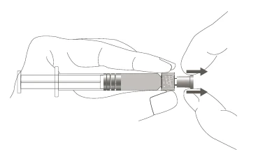 A hand holds a syringe while the other hand moves a cap toward the needle, indicated by two black arrows pointing to the right