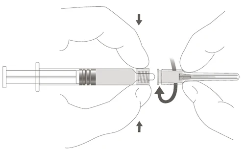 Two hands screwing a needle onto a syringe, illustrated by black arrows pointing downward, upward, and a curved arrow indicating rotational movement