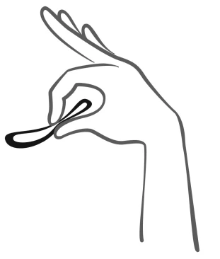 Black line drawing of a hand holding a small rounded spoon or medication dosing cup between fingers
