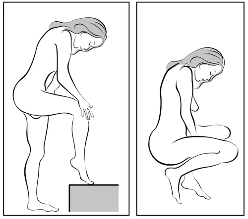 Two black-and-white cartoon figures of women in profile; one standing with one foot elevated, the other crouching in a bent-over position