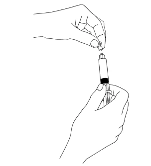 Two hands holding a drill or injector, the upper hand attaching a tip to the top part of the device, the lower hand stabilizing the tool's body