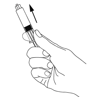 A hand holding a white syringe with a black band, oriented upward, with a black arrow indicating an upward pulling motion