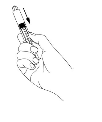 A hand holding a white syringe with a black arrow pointing downward to indicate the direction of medication administration