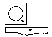 Black outline of a square with a large circle inside, and two rectangles below, the lower one having an irregular, jagged bottom edge